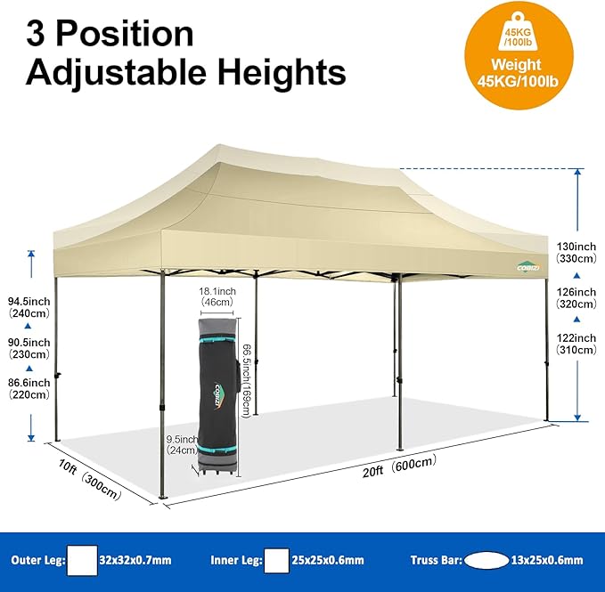COBIZI 10x20 Pop up Canopy Tent 10x20 Canopy with 6 Sidewalls Waterproof Heavy Duty Gazebo Commercial Canopy Tent for Parties Outdoor Tent Gazebo Tent, Carry Bag with Wheel(10x20ft, Khaki)