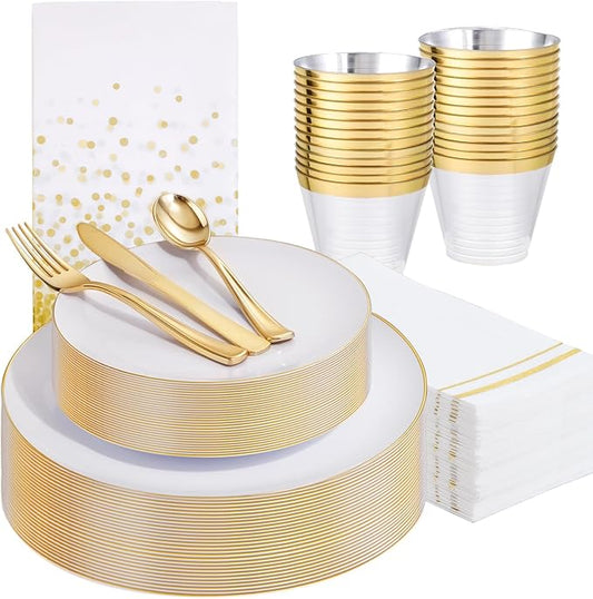 Festiva 176Pcs White and Gold Plastic Plates - White with Gold Rim Dinnerware Set - 25Guest include Plates Cups Cutlery Napkins for Fall Party&Wedding& New Year&Thanksgiving