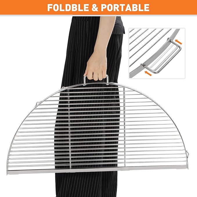 Lineslife Fire Pit Grill Cooking Grate Portable, Stainless Steel Folding Round Firepit Grill Rack with Handles, Outdoor Campfire BBQ Grill for Camping Picnic Gathering, Silver 31.5“