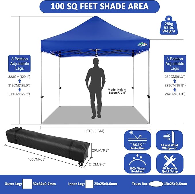 COBIZI 10x10 Pop Up Canopy Tent 10x10 Canopy with 4 Sidewalls Waterproof Heavy Duty Commercial Canopy Tent for Parties Outdoor Tent Garden Gazebo Tent, Carry Bag with Wheel(10x10ft, Dark Blue)