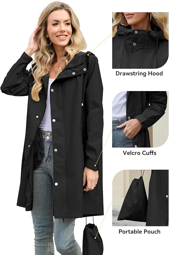 Zando Long Packable Rain Jacket Women Waterproof - Raincoat for Women Rain Coat with Hood Lightweight Outdoor Windbreaker