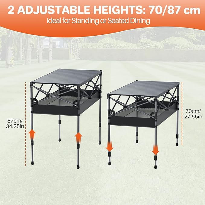FUNYKICH Folding Camping Table(L39.4''xW19.7''), Aluminum Roll-up Portable Picnic Table with 2 Adjustable Height, Large Storage and Carrying Bag for Picnic, Camping, BBQ, Party, Backyard, Beach