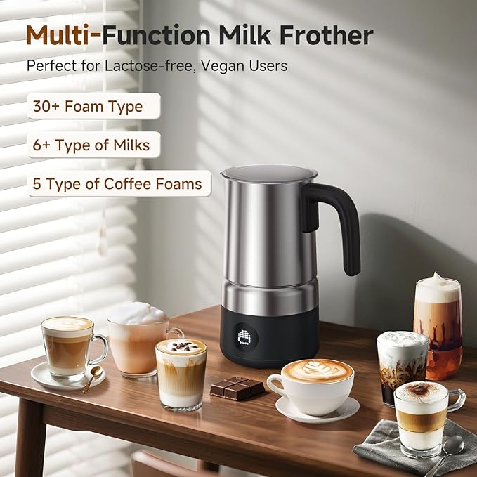 Milk Frother and Steamer [Upgraded], AMZCHEF All-in-1 Detachable Frother for Coffee 600W, Automatic Warm and Cold Foam Maker, Stainless Steel Jug, Dishwasher Safe, LED Display