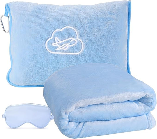 Travel Blanket, Ultra-Soft, Warm & Lightweight Travel Blanket Airplane with Bag, 65x40 in, Airplane Travel Essentials for Women, Men & Kids, Included Eye Mask, Luggage Sleeve & Backpack Clip