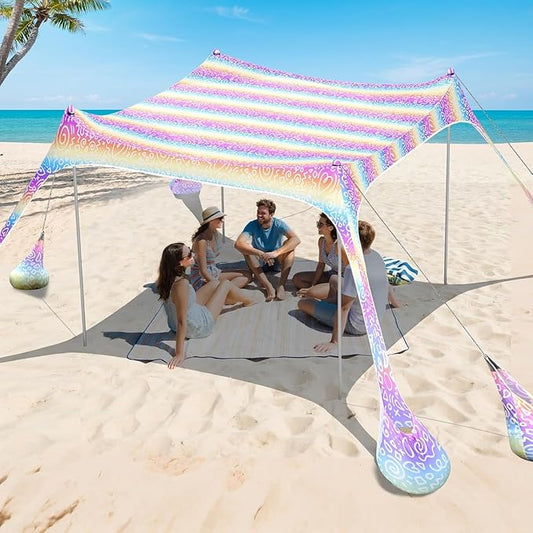 2PM SPORTS Beach Tent Canopy with UPF50+ UV Protection, Outdoor Large Beach Sun Shade Shelter for Family Picnic Camping Travel Shore Fishing, 8 Sandbags, Sand Shovel (Rainbow, 10x10 FT)