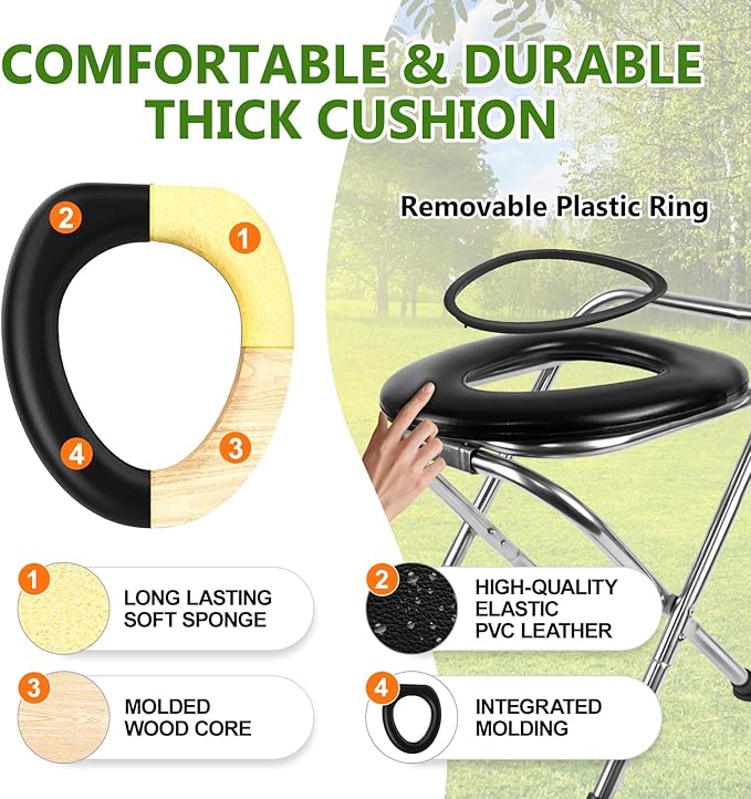 BLIKA Portable Toilet for Camping, 350LBS Stainless Steel Foldable Camp Travel Toilet with Soft Seat for Adults, Portable Potty for Camping, RV Travel, Road Trips, Includes Waste Bags with Gel