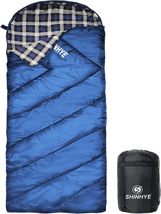 ShinHye 0 Degree Sleeping Bag for Adults - Cotton Flannel 4 Season Cold Weather Winter, XXL Big and Tall Camping Sleeping Bag with Compression Sack