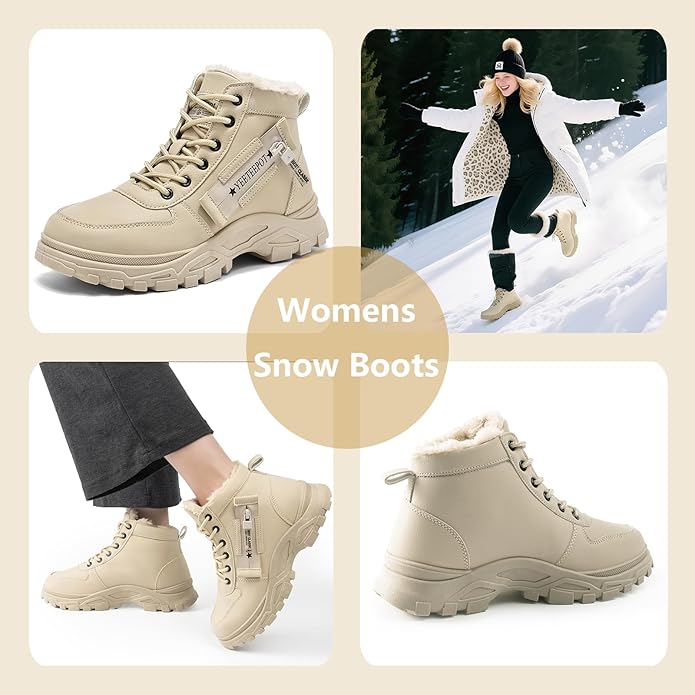 Womens Snow Boots Warm Winter Boots Ladies Fur Lined Ankle Boots Lace Up Outdoor Booties Anti-Slip Sneakers Waterproof Walking Shoes