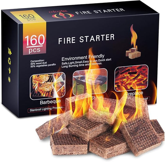 HGD Fire Starter, 160 Mini Square, Natural Fire Starters for BBQ, Campfire, Fireplace, Charcoal, Wood Stove, Chimney, Fire Pit, Grill, Smoker, Indoor Outdoor Use