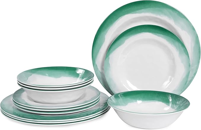 Melamine Dinnerware Sets, 12pcs Plates and Bowls Set, service for 4, Dishwasher Safe, Indoor and Outdoor Use, Green Melamine dishes