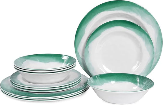 Melamine Dinnerware Sets, 12pcs Plates and Bowls Set, service for 4, Dishwasher Safe, Indoor and Outdoor Use, Green Melamine dishes