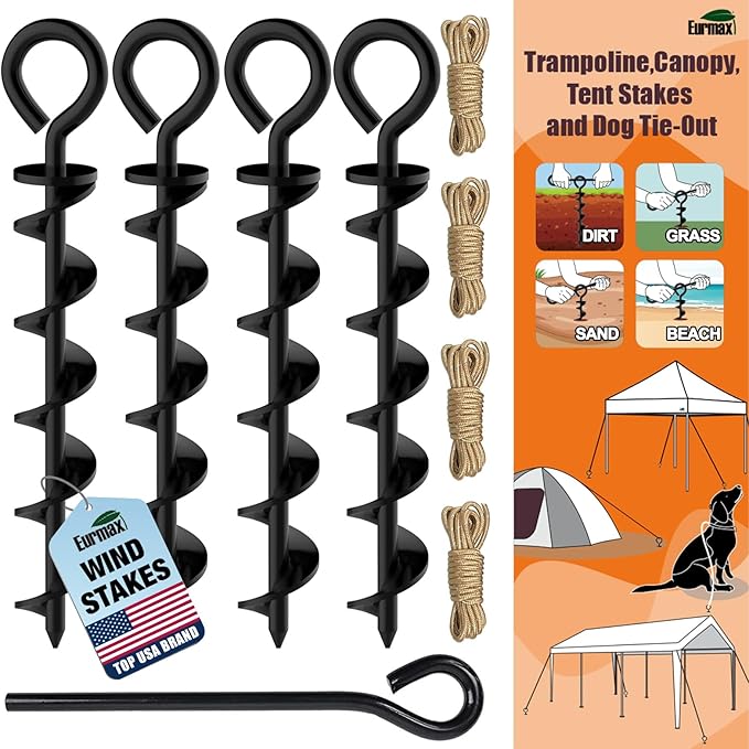 Eurmax USA Canopy Tent Stakes Dog Tie Out Stakes Corkscrew Shape Steel Trampoline Stakes with Iron Rod Installation Tool & 4 Wind Ropes - Set of 4 (Black)