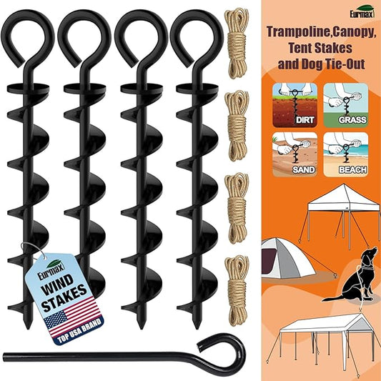 Eurmax USA Canopy Tent Stakes Dog Tie Out Stakes Corkscrew Shape Steel Trampoline Stakes with Iron Rod Installation Tool & 4 Wind Ropes - Set of 4 (Black)