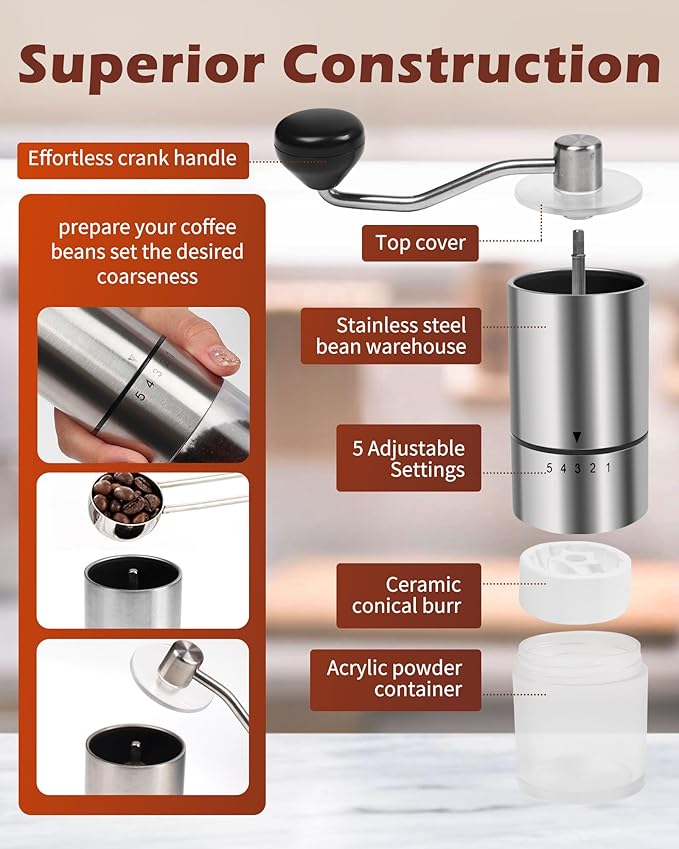 Manual Coffee Grinder With Ceramics Burr For Espresso,French Press,5 Adjustable Settings,Hand Maker with Built-In Burr,For Home Use and Camping Travel,Coffee Bean Grinders With Hand Crank