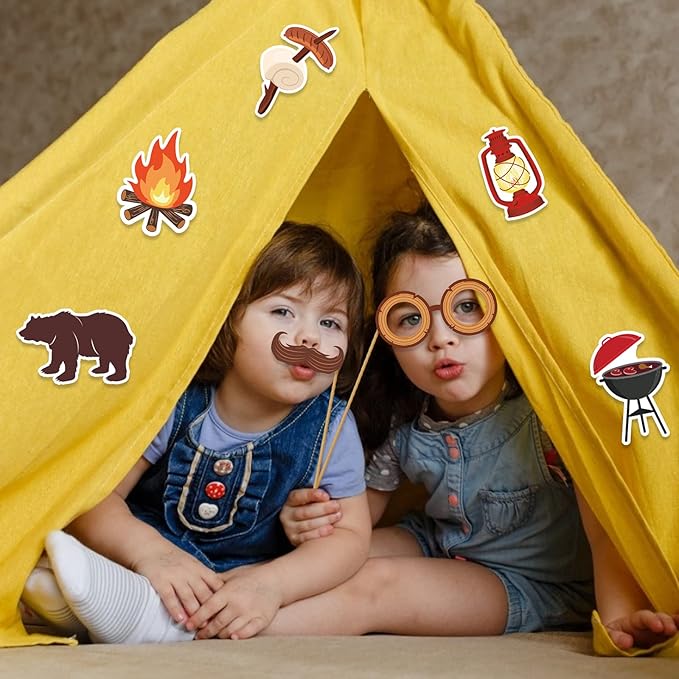 25Pcs Happy Camper Party Photo Props, Camping Adventure Photo Booth Props with Stick and Dot Glue for Camping Birthday Party, Baby Shower,Backyard Camp Out Campfire Hiking Adventure Party Decor