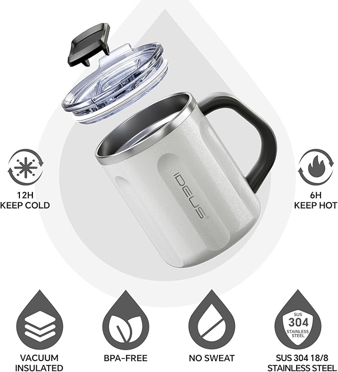 Ideus 16 oz Coffee Cup, Stainless Steel Coffee Travel Mug, Spill Proof Tea Mug with Handle and Lid, Lightweight and Durable, Great for Office Home and Outdoor Use, White