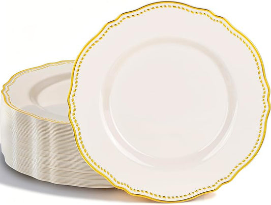 Hioasis 60PCS Ivory Plastic Plates - Ivory and Gold Disposable Dinnerware with Gold Rim, Heavy-duty, 10 inch, Dinner Plates for Party & Wedding