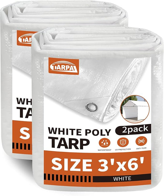 TARPAL 3'x6'（2-Pack White Tarp Waterproof 7.5 mil Medium Duty All Purpose Poly Tarps Cover Waterproof,Snow Proof UV Protection,Rip and Tear Proof,Poly Tarpaulin