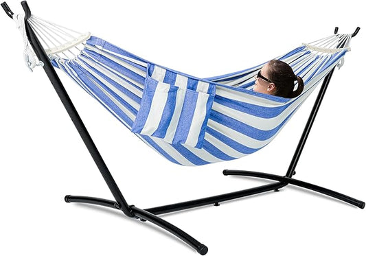 Double Hammock with Stand for Outside, Upgraded Spreader Bar, Heavy Duty Space Saving Steel Stand 2 Person, Convenient Pockets, 600lbs Weight Capacity, Indoor & Outdoor (Blue & White)