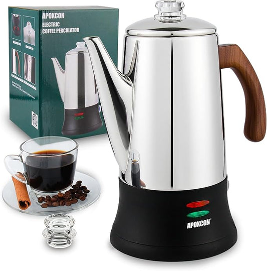 Electric Coffee Percolator Stainless Steel Coffee Maker with Two Heat Resistant Glass Knob & Treated Solid Wood Handle Keep Warm Cordless Serve Elegant Design Coffee Pot On/OFF Switch 8 Cup