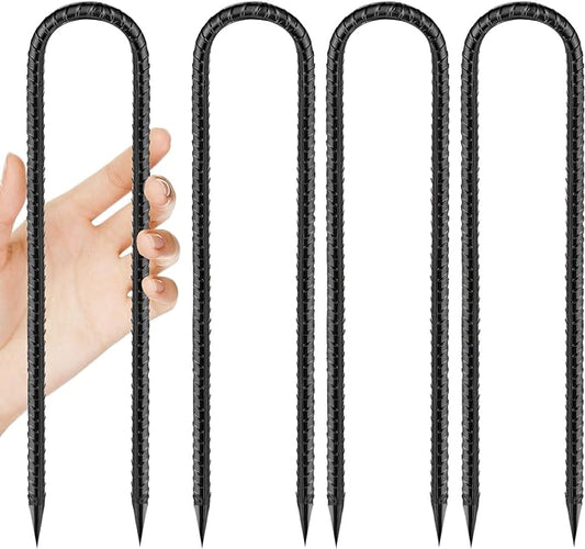 Rebar-Stakes-12-Inch, Ground Stakes Heavy Duty U-Hook Black Coated Anti-Rust Heavy Duty Ground Anchors for Garden Dog Fence Chicken Coop Christmas Decorations Deer Fence 4pcs