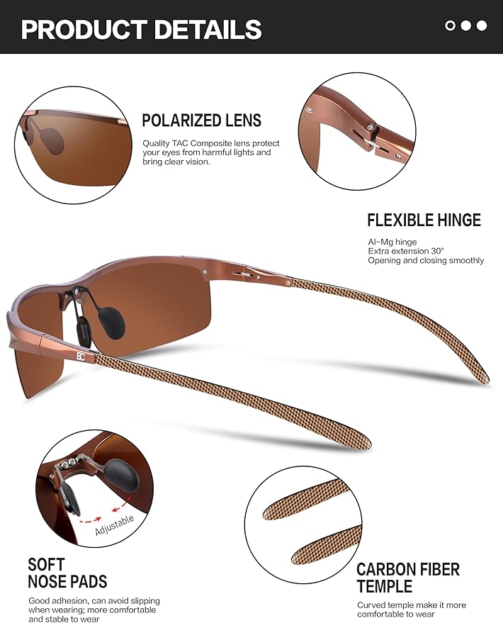 BIRCEN Polarized Carbon-Fiber Sunglasses for Men: Ultralight UV Protection Sun Glasses for Outdoor Sports Fishing Golf Hiking