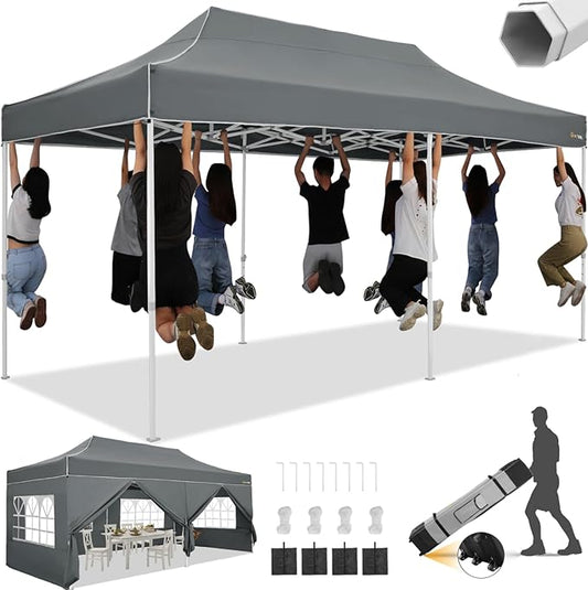 HOTEEL 10x20 Heavy Duty Pop Up Canopy Tent with Sidewalls, Commercial Outdoor Canopy Tents for Parties Event Wedding with Roller Bag, Waterproof & UV 50+, Upgraded Thickened Hexagonal Legs, Gray