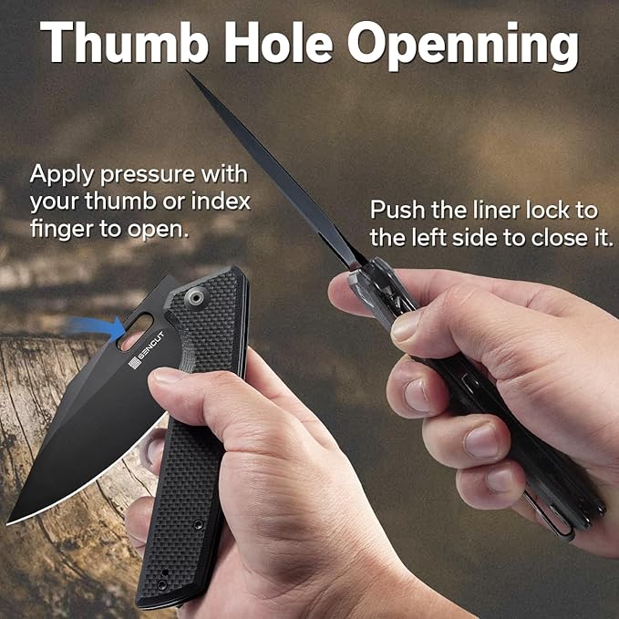 SENCUT GlideStrike Pocket Knife for EDC, Folding knife with Thumb Hole Openning, Textural Coarse G10 Handle with Deep Pocket Clip, Ideal Gift for Men Women S23018-1 (Double Black)