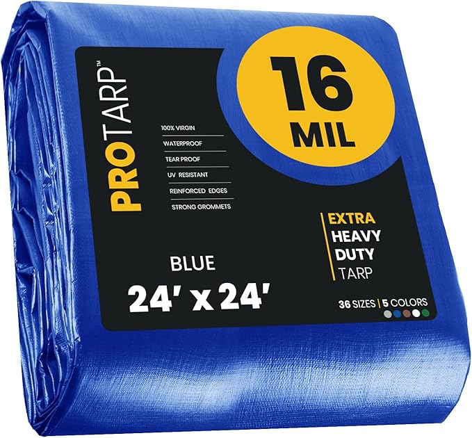 PROTARP Extra Heavy Duty 16 Mil Tarp Cover, Waterproof, UV Resistant, Rip and Tear Proof, Poly Tarpaulin with Reinforced Edges for Roof, Camping, Patio, Pool, Boat. (Blue 24′ X 24′)