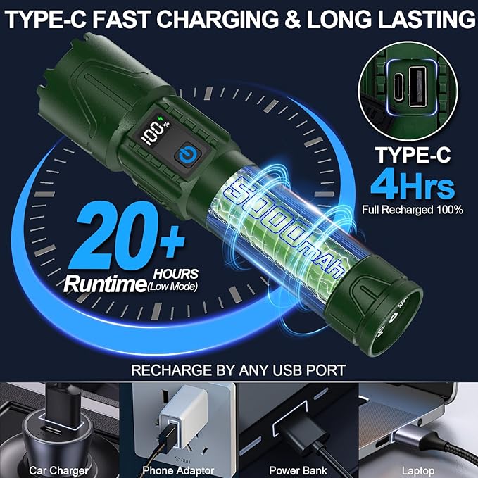 Rechargeable Flashlights High Lumens - Super Bright LED Tactical Flash Light, Powerful Waterproof Handheld USB C Flashlight for Camping,Emergencies,Home,5 Modes,Zoomable (2, Green)