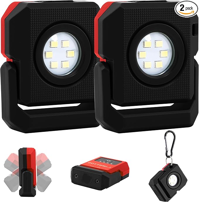 2 Pcs Mini Rechargeable LED Work Light, 550 Lumens Magnetic Flashlight Keychain Lights with Rotatable & Magnet Base Portable Mechanic Light for Car Repairing Outdoors Camping, Black & Red