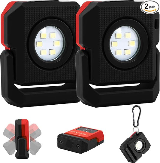 2 Pcs Mini Rechargeable LED Work Light, 550 Lumens Magnetic Flashlight Keychain Lights with Rotatable & Magnet Base Portable Mechanic Light for Car Repairing Outdoors Camping, Black & Red