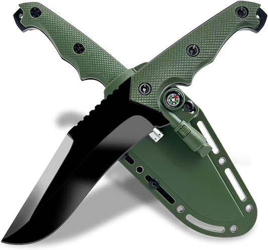 Fixed Blade Survival Knife with K Sheath – 5Cr13MoV Steel Tactical Outdoor Tool with Fire Starter, Compass, Whistle & LED – 10.8" Full Tang Bushcraft Knife for Camping, Hunting, EDC