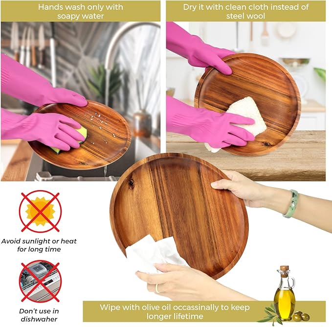 FANICHI Wooden plates (set of 4-11inch) Dinner Plates, Acacia Round Wood Plates, Unbreakable Classic Plates, Easy Cleaning & Lightweight for Dishes Snack, Dessert, Housewarming, Christmas Gift