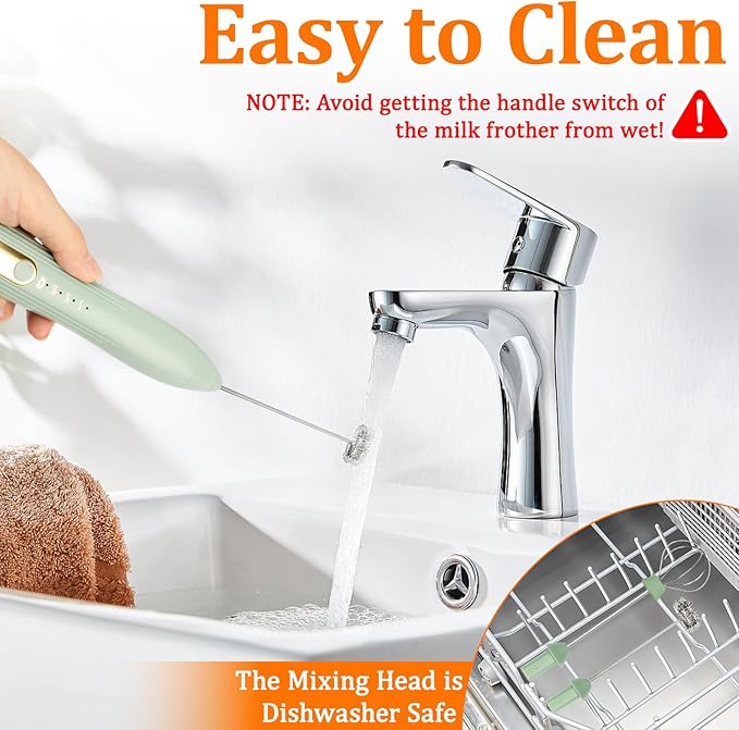 TonJin Frother Wand Rechargeable USB-C Milk Frother Handheld Mixer Electric with 2 Whisk Heads, 3 Speeds Adjustable Coffee Drink Mixer with Stand for Lattes, Matcha, Hot Chocolate, Egg, Matcha(Green)