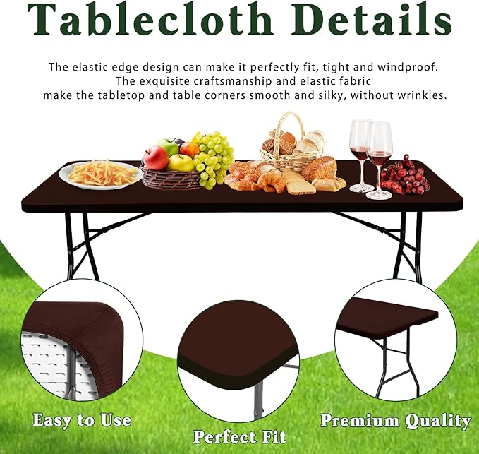 6 Pack Picnic Table Cover Fitted 8 Foot Tablecloth for Rectangle Tables Elastic Waterproof Stretch Washable Patio Folding Outdoor Spandex Table Cloth for Camping Banquet and Parties (Coffee 30" x 96")
