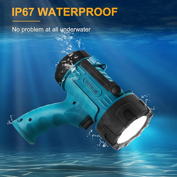 YIERBLUE Rechargeable Spotlight Flashlight with 99,000 High Lumen LED, IP67 Waterproof Long Running Spot Light searchlight, Impact Resistant Handheld Spotlight with Foldable Stand Red Lens