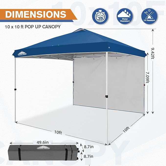 EAGLE PEAK Pop Up Canopy Tent with 1 Sidewall, Easy Setup Event Tent, Outdoor Sun Shade, Wheeled Carry Bag, Stakes and Guy Ropes, Instant Canopy 10x10, Dark Blue