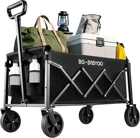 Collapsible Wagon Carts, Large Capacity Foldable Heavy Duty Garden Carts with Adjustable Handle, Utility Grocery Beach Wagon for Outdoor Camping, Shopping, Fishing and Sports - Black