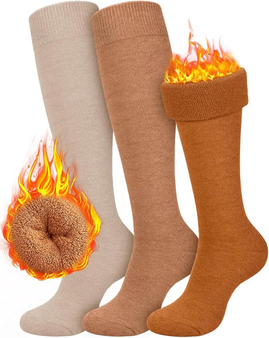 CTHH 3 Pairs Warm Knee High Socks for Women - Thick Cotton Thermal Boot Socks for Hiking, Running, Work, Gifts, Winter