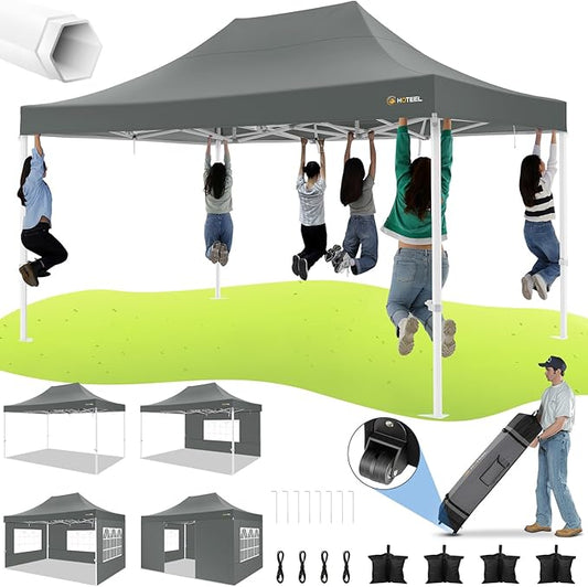 HOTEEL Canopy Tent 10x15 Heavy Duty Pop Up Canopy with Sidewalls, Party Tent with Roller Bag for Event Wedding, Upgraded Commercial Waterproof Instant Canopy, Thick Hexagonal Legs, UPF50+, Gray
