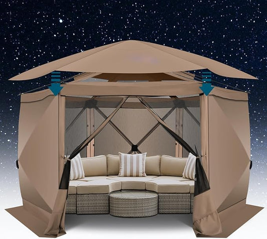 COBlZl 12x12 pop up Gazebo on Clearance Screen Canopy Tent for Camping,Outdoor Instant Stargazing Gazebo,Portable Hub Tent with Removable Sidewalls,Pavilion for Backyard,Khaki