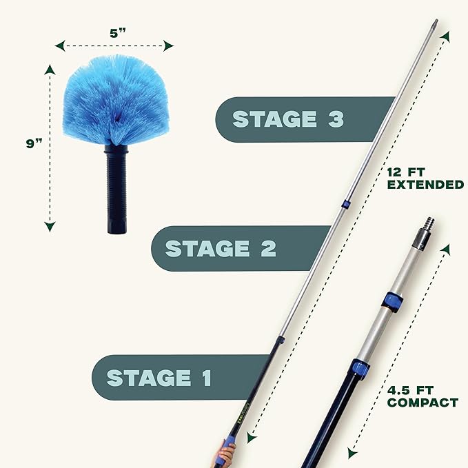 EVERSPROUT 8-10 Feet Standing Reach | 1.5-to-3 Foot Cobweb Duster and Extension-Pole Combo & Lightweight 3-Stage Aluminum Pole | Hand-Packaged Indoor/Outdoor Use Brush Attachment