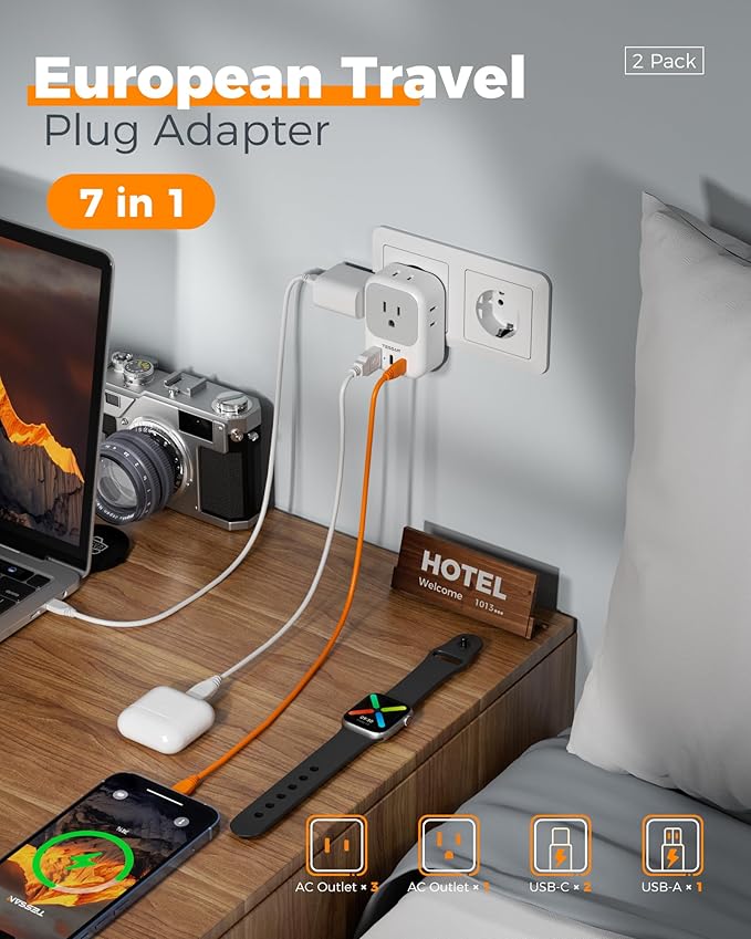 2 Pack European Travel Plug Adapter (No Voltage Conversion), TESSAN US to Europe Plug Adapter with 4 Electrical Outlets 3 USB Ports (2 USB C), Type C Power Adaptor for EU Italy Iceland Spain