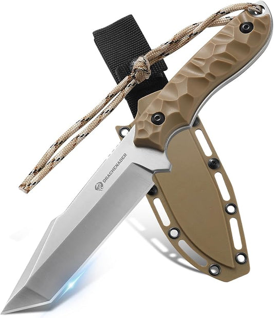 9.29“ Fixed Blade Knife with Sheath, 5.04" Blade in 5cr14mov Steel, Tactical for Men, Survival Knife with ABS Handle,Full Tang Design Khaki-Sliver