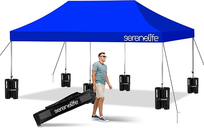 SereneLife Pop Up Canopy Tent 10x20-Commercial Instant Shelter Foldable/Collapsible Sun Shade Canopy Pop Up Tent w/Waterproof Tent Top,Portable Carry Bag&Sand Bag-SereneLife SLGZ20BU(Navy Blue)