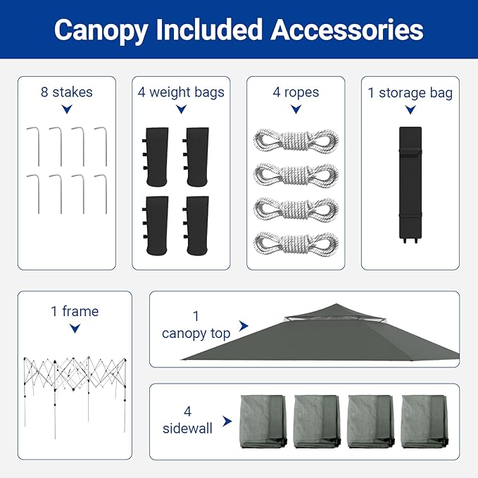 Favofamilie13x13 FT Pop Up Canopy, Instant Setup Gazebo with 4 Sidewall, Wheeled Carry Bag, 4 Sandbags & 4 Ropes, UV-Resistant Top, Heavy Duty Outdoor Shelter for Backyard Camping Events, Grey