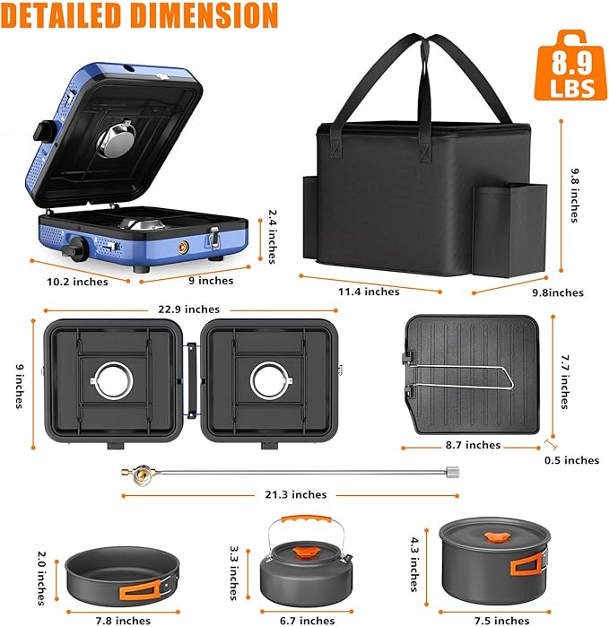 Hisencn Camping Stove,2 Burner Propane Stove,20000 BTU/h Camping Cooking set Includes Frying Pan,Kettle and Pot,Adjustable Burners & Piezo Ignition,Portable stove for camping Outdoor,Blue