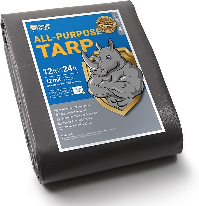 GUARD SHIELD Heavy Duty Tarp Waterproof 12x24 Feet Grey Large Outdoor Tarps Cover 12mil