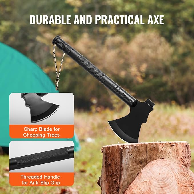 VEVOR Survival Shovel Survival Axe -16-in-1 Camping Folding Shovels with Hatchet - Stainless Steel Tactical Shovel Hatchet Combo - Multifunctional Emergency Survival Gear Equipment for Camping Hiking